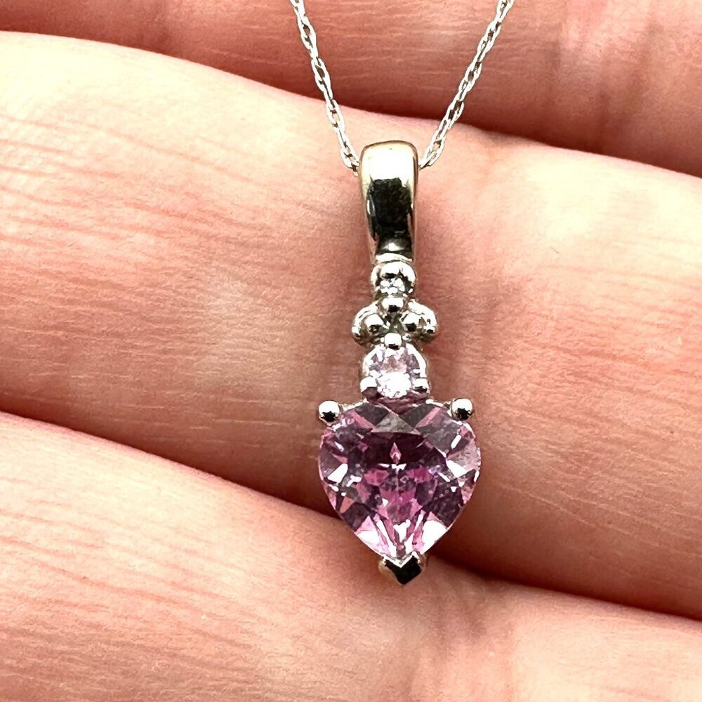10K White Gold Pink Sapphire Heart Pendant 18 Inch Necklace